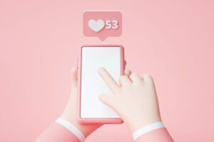 Hands holding a blank smartphone chat love bubbles alert notification cartoon app website ui on pink background 3d rendering illustration