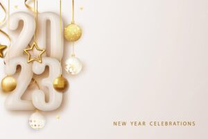 Happy new year 2023 glossy number festive design with christmas decorations balls streamer and garlands