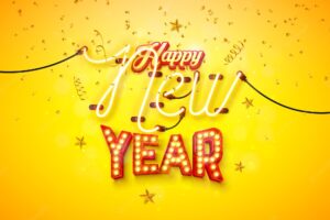 Happy new year 2023 illustration with glowing neon light and marquee bulb lettering