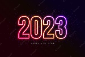Happy new year 2023 illustration with glowing neon light number on dark background