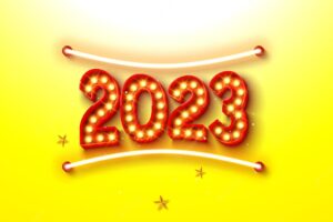 Happy new year 2023 illustration with glowing neon pipe and light bulb number on yellow background