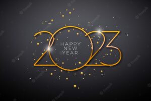 Happy new year 2023 illustration with gold number on dark background
