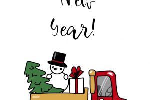 A happy new year card with a typewritera christmas tree a snowman and gifts print for new year posters