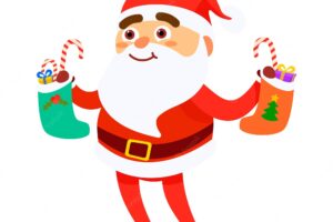 Happy santa claus gives out presents in a sock merry christmas concept with gift box vector