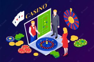 Isometric online casino concept gambling platform for live roulette and poker with cards chips laptop characters of croupier 3d vector illustration