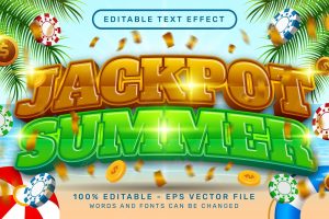 Jackpot summer 3d editable text effect with chip illustration and sea landscape background