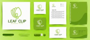 Leaf and paper clip logo and business branding template designs inspiration isolated on white background