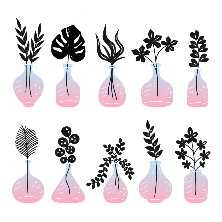Leaves,flowers,plants and branches in bottles and vases set collection. vector hand drawn line scandinavian sketch style illustration. home plant,leaves in glass vases bundle set concept