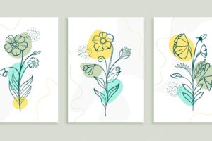 Line flower and leaves art template set
