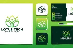 Lotus technology logo design template and business card premium vector