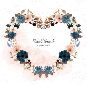 Lovely rustic blue watercolor floral wreath with abstract stain