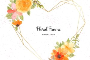 Lovely yellow watercolor floral wreath with golden frame