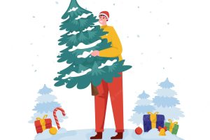 A man moving christmas tree flat illustration