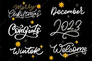 Merry christmas 2023 happy new year typography lettering badge emblems quotes set collection vector logo design for postcard invitation greeting card poster gift