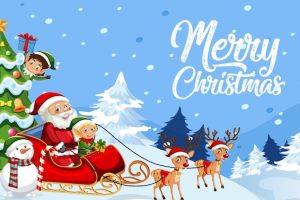 Merry christmas banner design with santa claus on sleigh