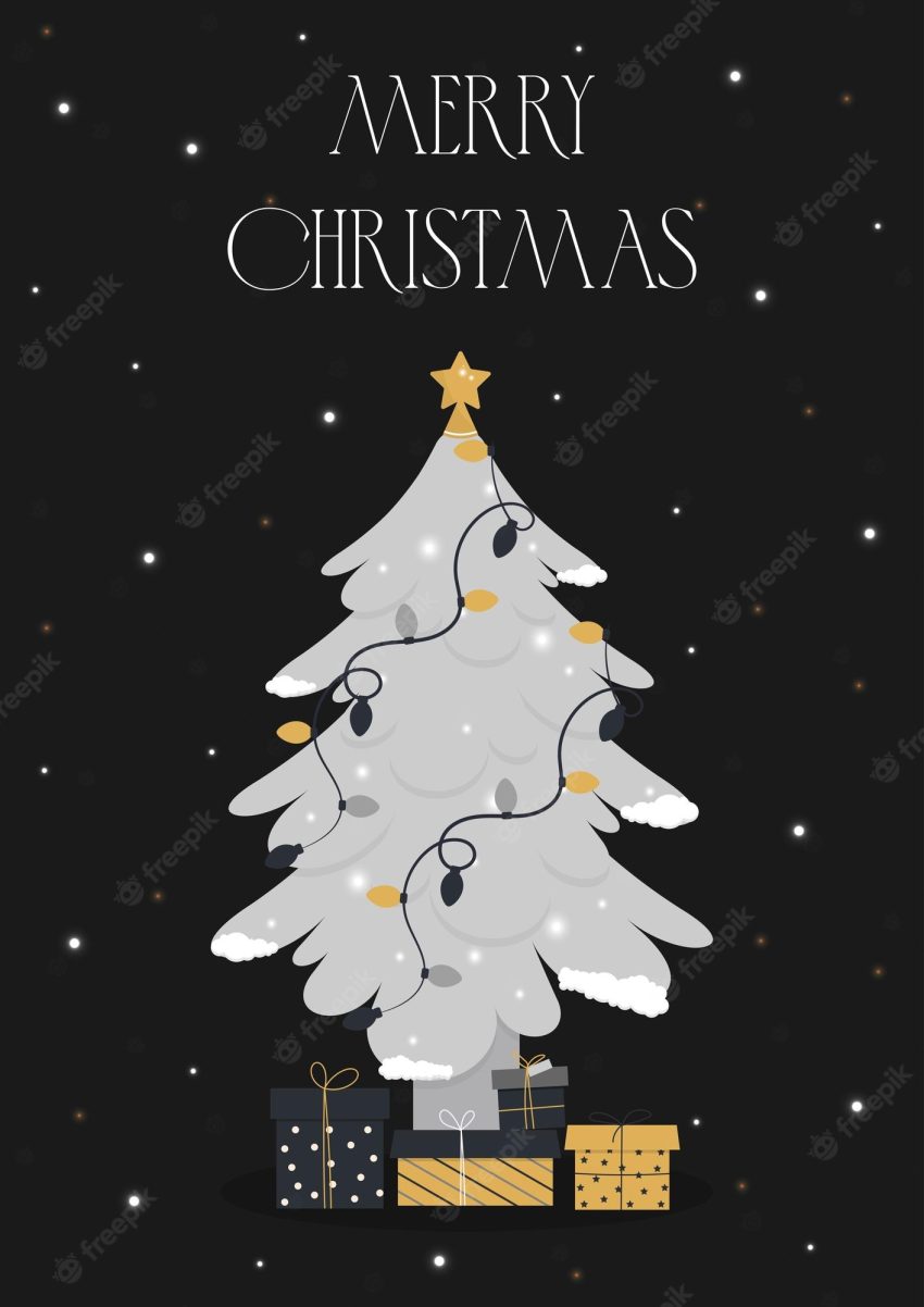 Merry christmas card with tree and gifts