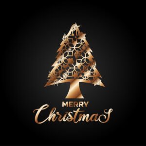 Merry christmas, golden tree with campernik decorations, christmas vector decoration