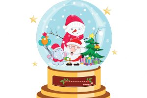 Merry christmas greeting card with cute glass ball holidays cartoon character set with santa claus.