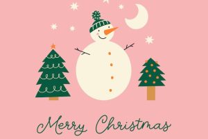 Merry christmas greeting card with snowman, christmas trees and hand lettering