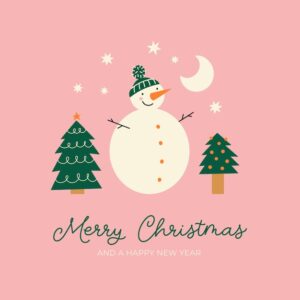 Merry christmas greeting card with snowman, christmas trees and hand lettering