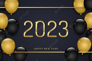 Merry christmas and happy new year 2023 banner frame, balloon black and gold
