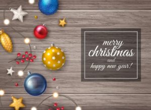 Merry christmas happy new year background with colorful balls and other fir tree decorations on wooden table realistic vector illustration