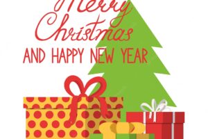 Merry christmas and happy new year greeting card. gift boxes and christmas tree