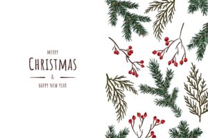 Merry christmas and happy new year postcard. christmas tree, thuja, red berries. vector illustration