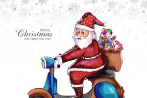 Merry christmas and happy new year with santa claus on riding a scooter card background