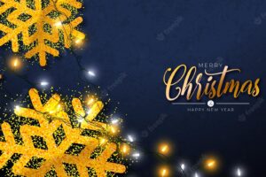 Merry christmas illustration with shiny gold snowflakes lights garland and typography lettering