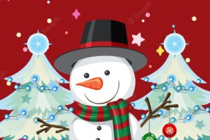 Merry christmas poster design with snowman in cartoon style