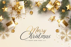 Merry christmas realistic background with presents and ornaments