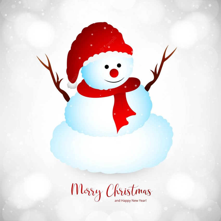 Merry christmas with happy snowman in winter card background