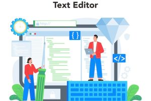 Mobile app development online service or platform modern technology and smartphone interface design online text editor vector flat illustration
