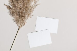 Mockup with blank paper business card and dried pampas grass over beige pastel background