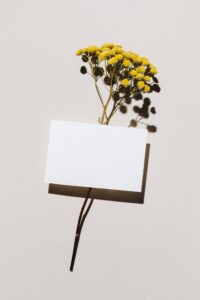 Mockup with blank paper business card and dried yellow flower over beige pastel background