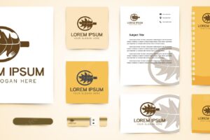 Mug, leaf, spoon and fork logo and business card branding template designs inspiration, vector illustration