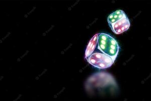 Neon dice on black background isolate. design template. casino concept, gambling, header for the site. copy space, 3d illustration, 3d render.