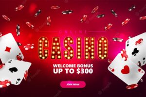Online casino, banner for website with button, poker chips and playing cards