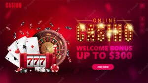 Online casino, banner for website with interface elements, symbol with gold lamp bulbs, slot machine, casino roulette, poker chips and playing cards.