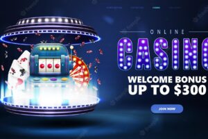 Online casino blue banner with digital 3d podium in cylindrical shapes slot machine playing cards poker chips and casino wheel fortune