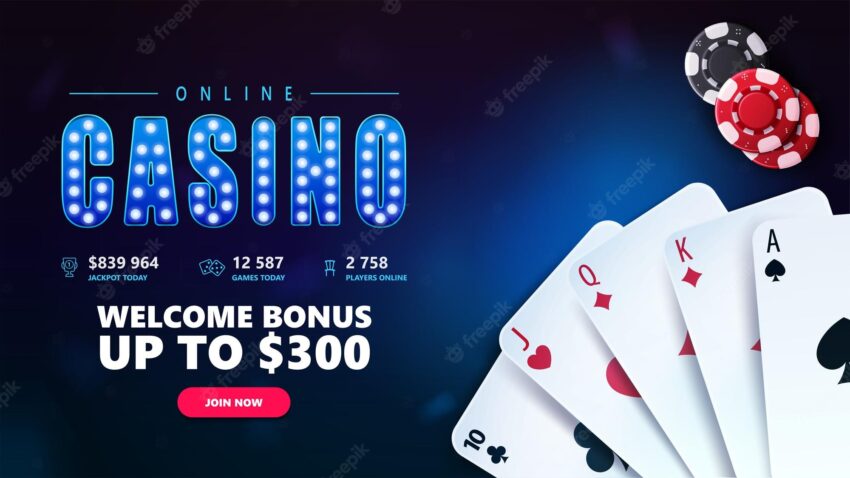 Online casino blue invitation banner for website with button welcome bonus casino playing cards and poker chips on blue background top view