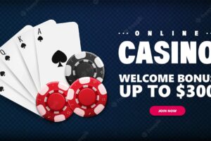 Online casino blue invitation banner for website with welcome bonus button casino playing cards and poker chips on blue background top view