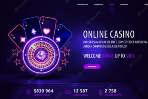 Online casino blue invitation banner for website with welcome bonus button and pink shine neon casino roulette wheel with playing cards in dark empty scene