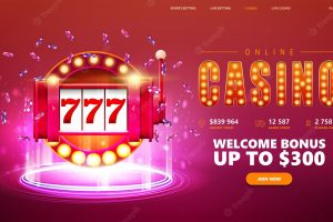 Online casino pink banner for website with button and red slot machine with ships around