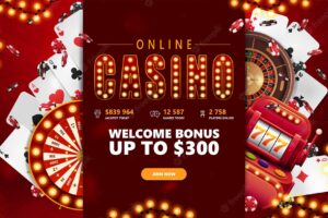 Online casino red banner with button slot machine casino wheel fortune roulette falling poker chips garland frame and playing cards