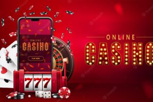 Online casino, red banner with smartphone, red slot machine, casino roulette, poker chips and playing cards.