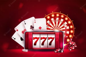 Online casino red banner with smartphone with slot machine on screen casino wheel fortune poker chips and playing cards