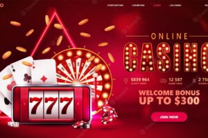 Online casino red invitation banner for website with button smartphone with slot machine on screen casino wheel fortune poker chips and playing cards