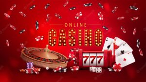 Online casino, red poster with symbol with gold lamp bulbs, slot machine, casino roulette, poker chips and playing cards.